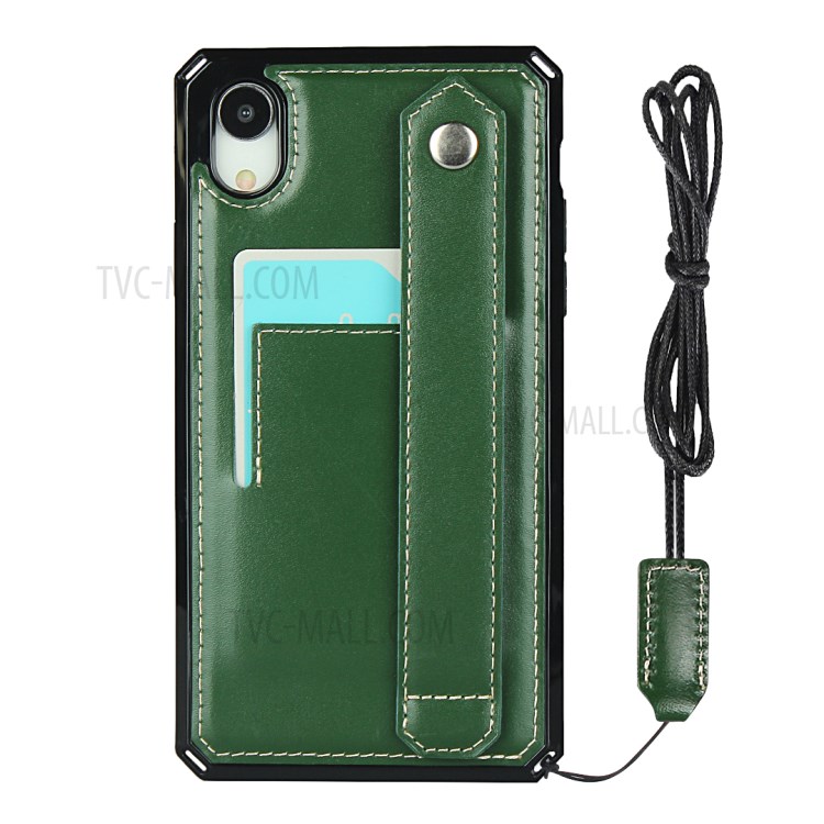 Hand Strap Kickstand Genuine Leather Coated TPU Cover with Card Slot for iPhone XR 6.1 inch - Dark Green-2
