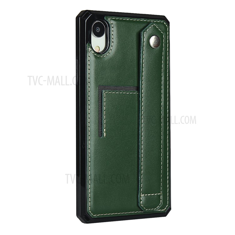 Hand Strap Kickstand Genuine Leather Coated TPU Cover with Card Slot for iPhone XR 6.1 inch - Dark Green-3