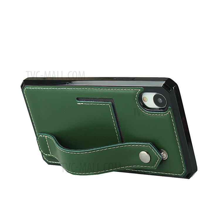 Hand Strap Kickstand Genuine Leather Coated TPU Cover with Card Slot for iPhone XR 6.1 inch - Dark Green-4