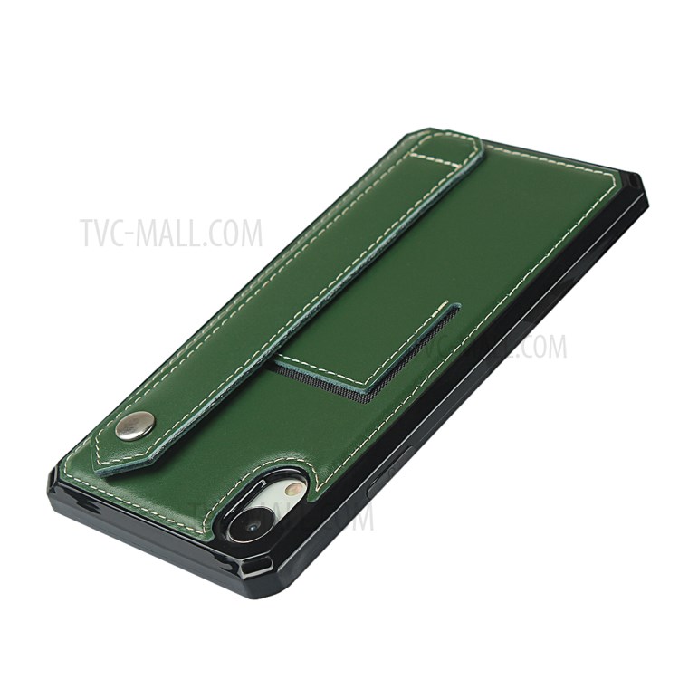 Hand Strap Kickstand Genuine Leather Coated TPU Cover with Card Slot for iPhone XR 6.1 inch - Dark Green-5