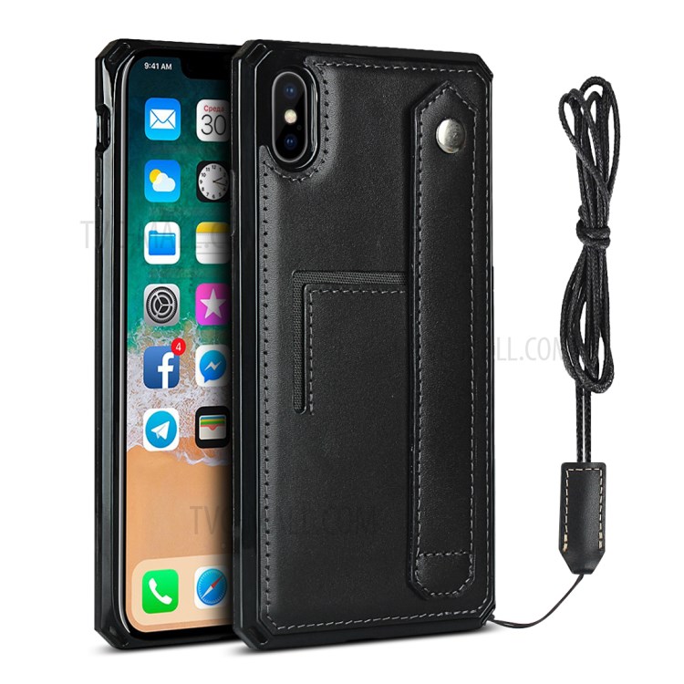 For iPhone XS / X Genuine Leather Coated TPU Phone Shell with Hand Strap Kickstand - Black-1