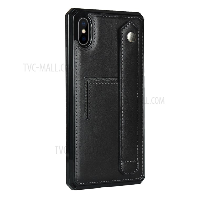 For iPhone XS / X Genuine Leather Coated TPU Phone Shell with Hand Strap Kickstand - Black-3