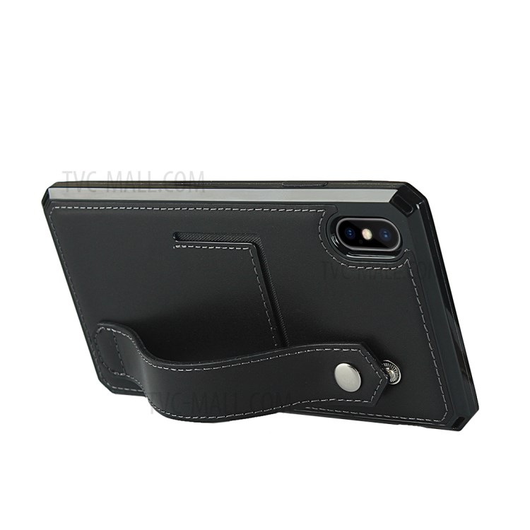 For iPhone XS / X Genuine Leather Coated TPU Phone Shell with Hand Strap Kickstand - Black-5