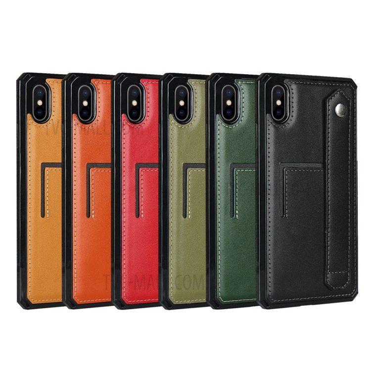 For iPhone XS / X Genuine Leather Coated TPU Phone Shell with Hand Strap Kickstand - Black-7