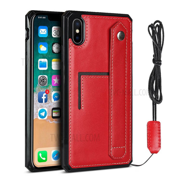 For iPhone XS / X Genuine Leather Coated TPU Phone Shell with Hand Strap Kickstand - Red-1