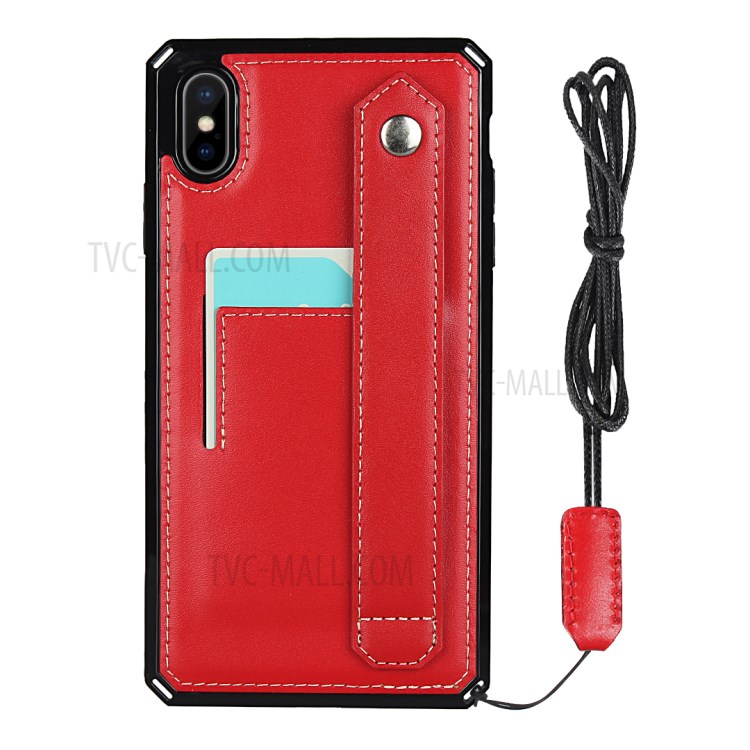 For iPhone XS / X Genuine Leather Coated TPU Phone Shell with Hand Strap Kickstand - Red-2