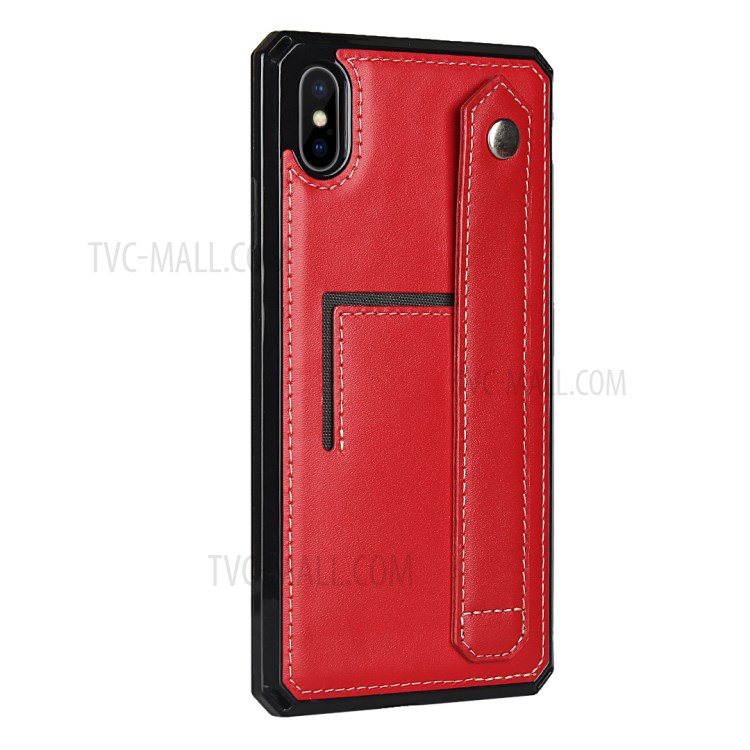 For iPhone XS / X Genuine Leather Coated TPU Phone Shell with Hand Strap Kickstand - Red-3