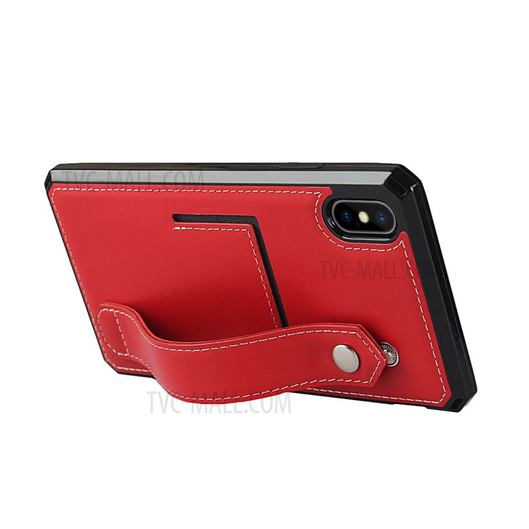 For iPhone XS / X Genuine Leather Coated TPU Phone Shell with Hand Strap Kickstand - Red-4
