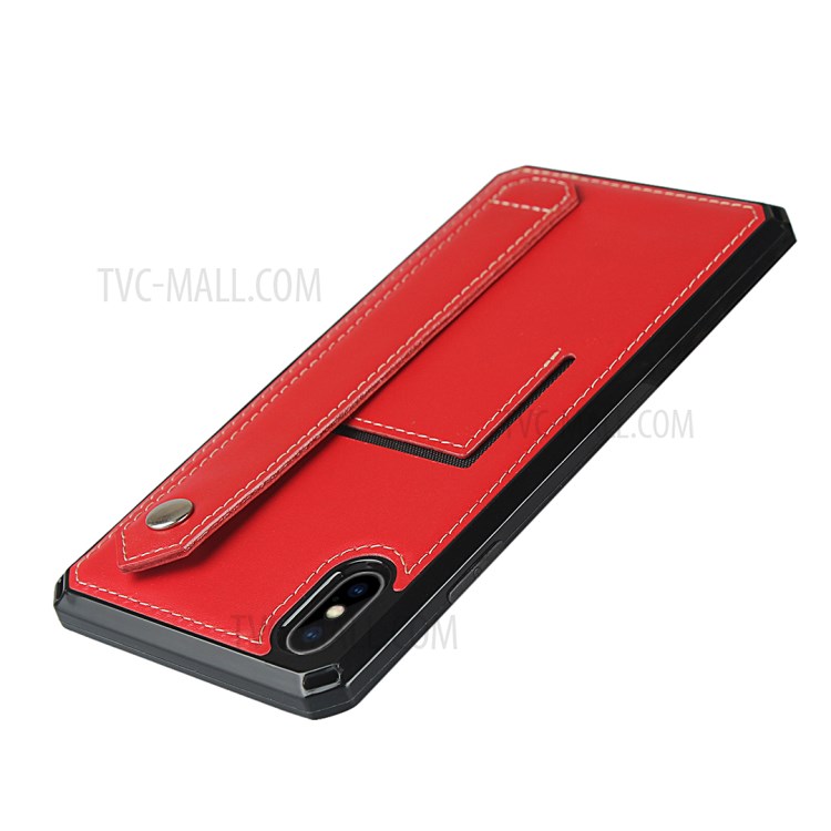 For iPhone XS / X Genuine Leather Coated TPU Phone Shell with Hand Strap Kickstand - Red-5