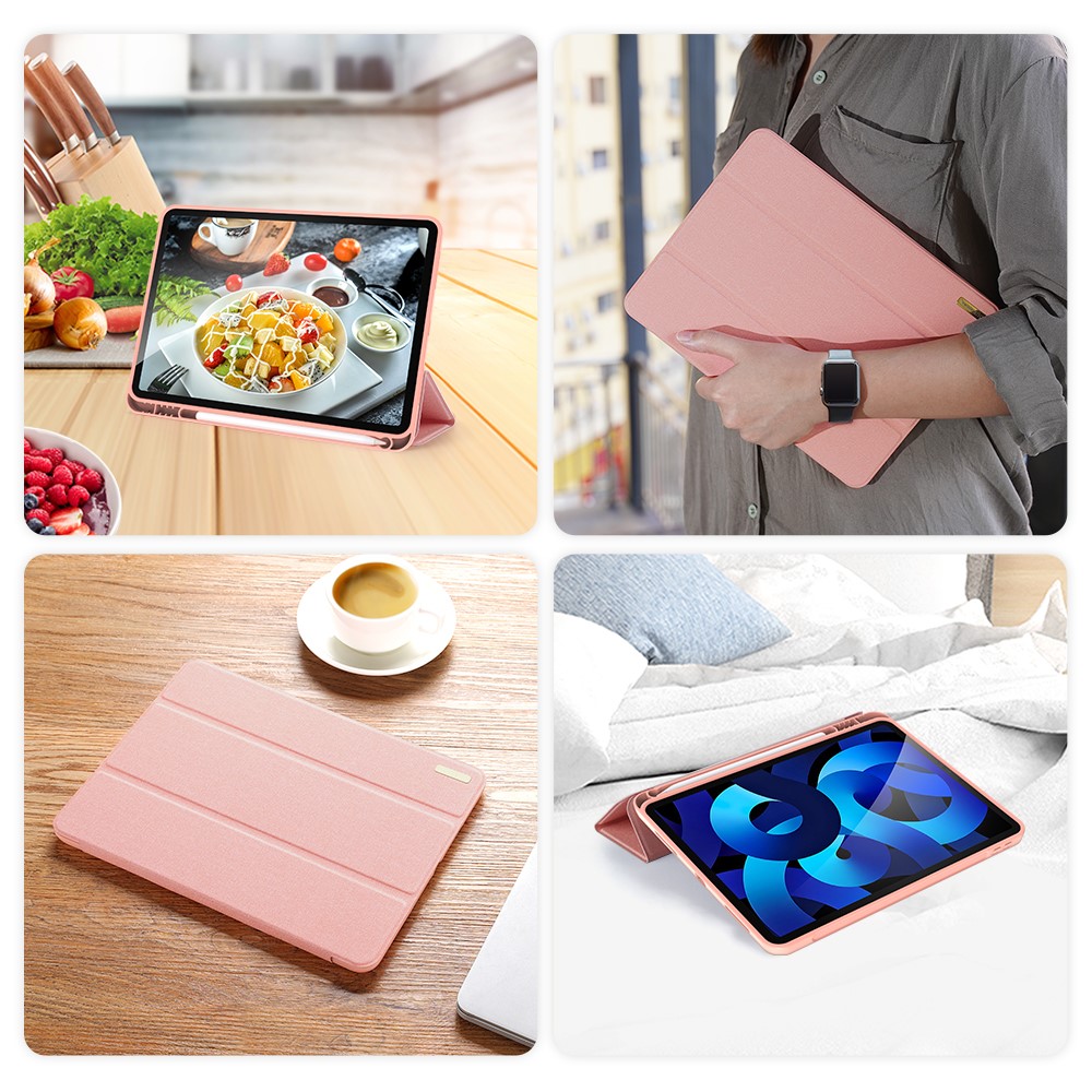 Dux Ducis Domo Tri-fold Stand pu Leather Smart Auto Wake / Sleep Tablet Shell Couvercle Avec Porte-stylo Prise en Charge de la Charge Absorbée Par Magnétique Pour Ipad Air (2020) / Air (2022) - or Rose