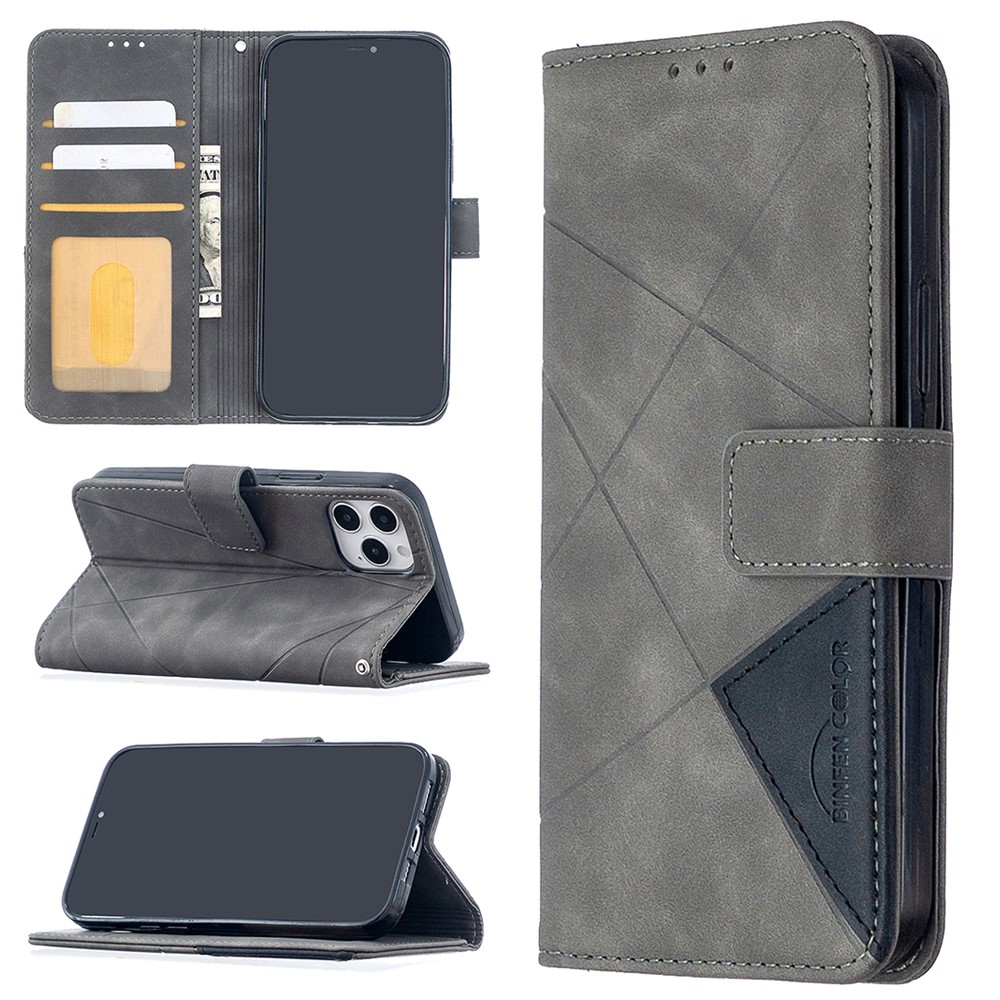 BF05 Géométrique Texture Portefeuille Étui en Cuir Pour Iphone 12 Pro / 12 - Gris