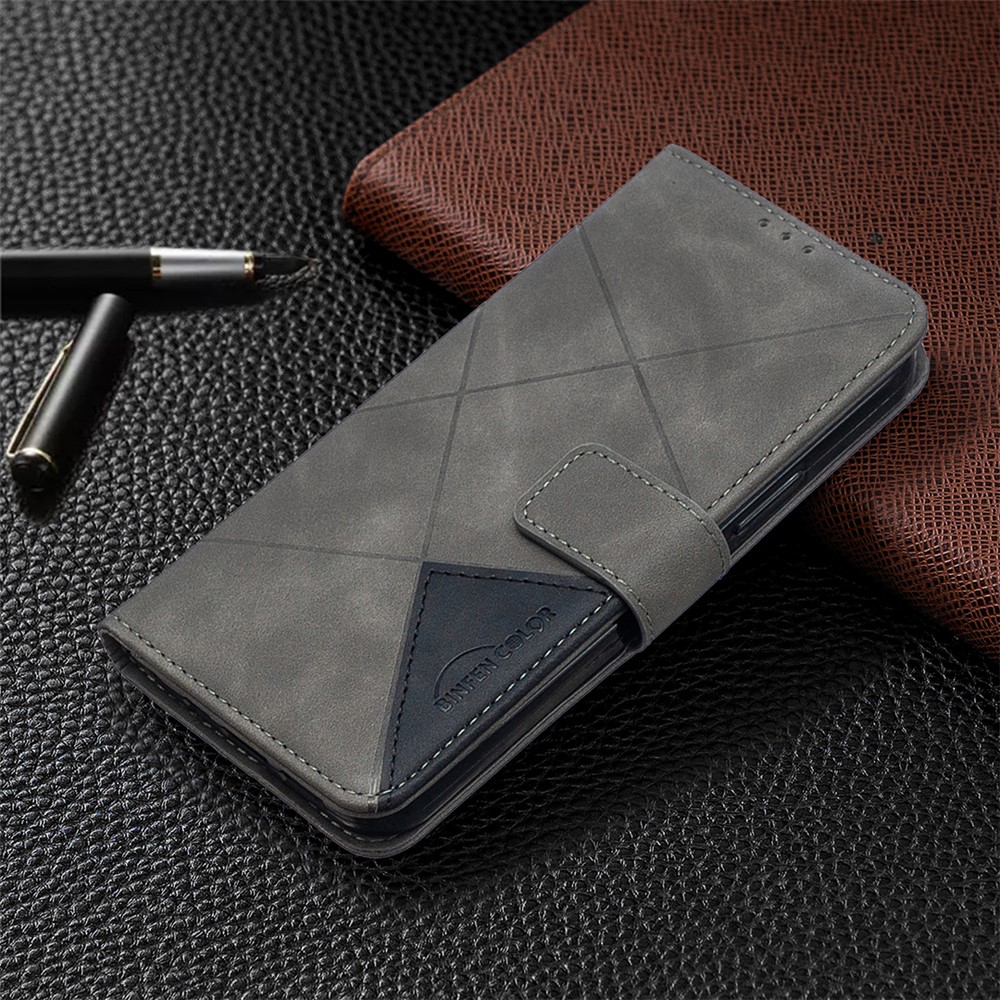 BF05 Géométrique Texture Portefeuille Étui en Cuir Pour Iphone 12 Pro / 12 - Gris