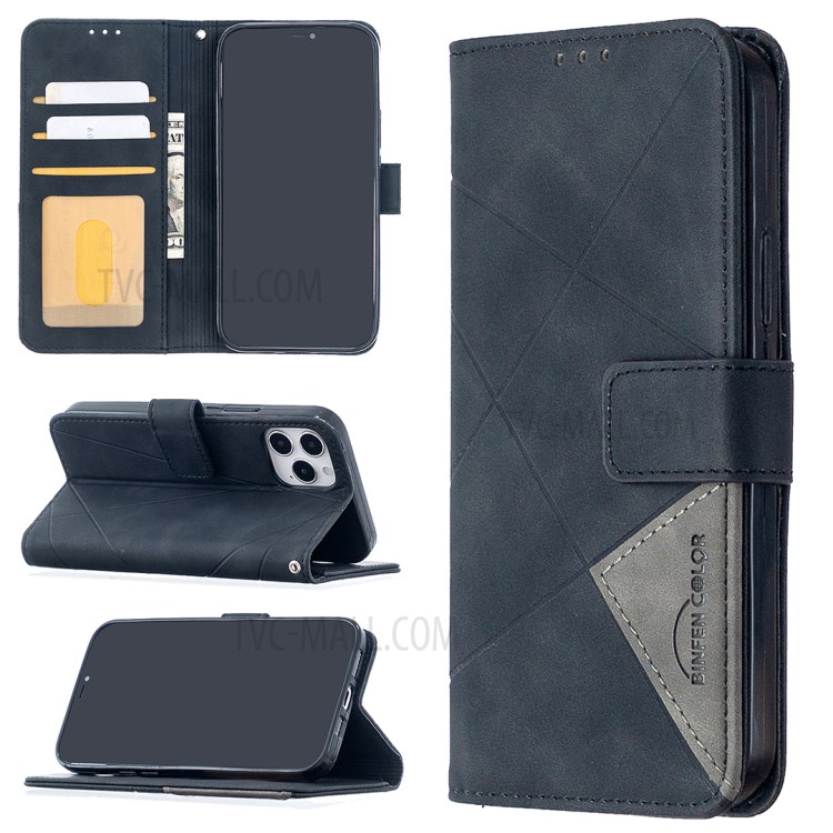 BF05 Geometric Texture Wallet Stand Leather Case for iPhone 12 Pro/12 - Black-1