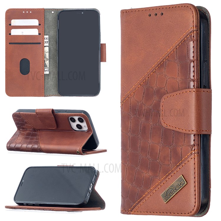 BF04 Splicing Crocodile Texture Wallet Stand Leather Case for iPhone 12 Pro/12 - Brown-1