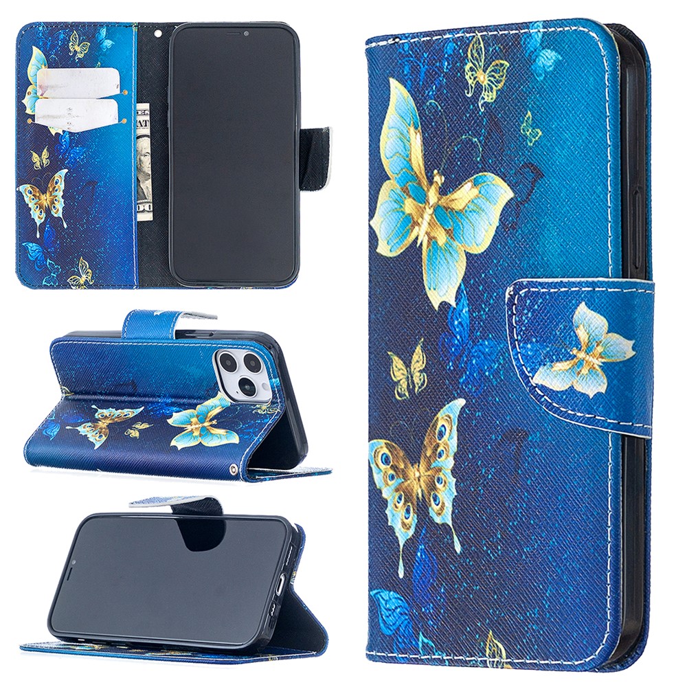 Pattern Printing Wallet Leather Protective Case for iPhone 12 Pro/12 - Blue Butterfly-1