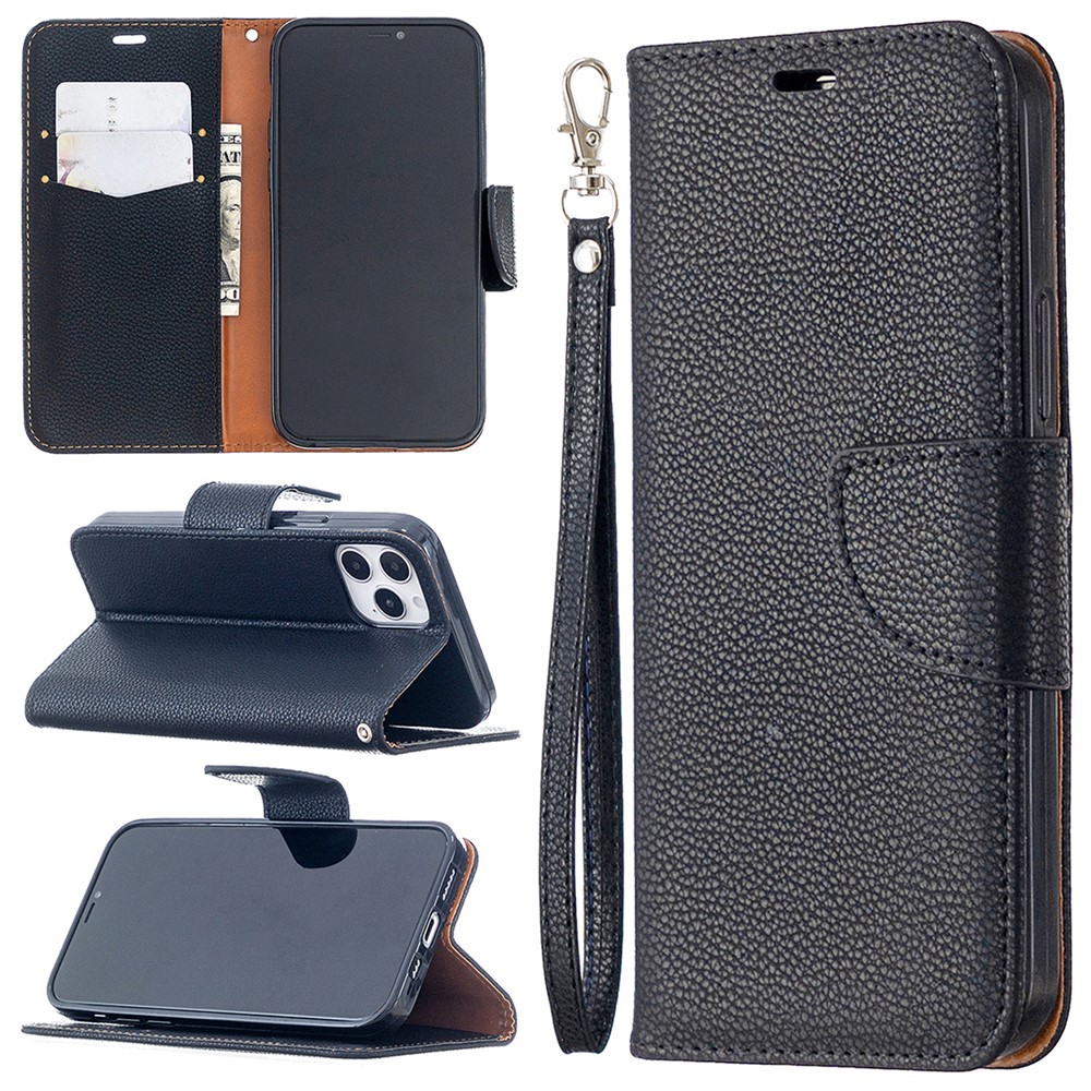 Litchi Surface with Wallet Leather Stand Case for iPhone 12 Pro / iPhone 12 Max 6.1-inch - Black-1