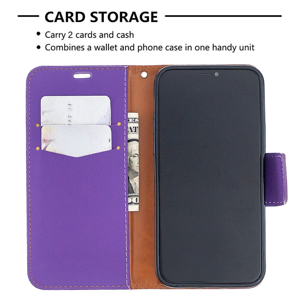 Litchi Surface Com Carteira de Couro Para Iphone 12 Pro/12 - Roxo