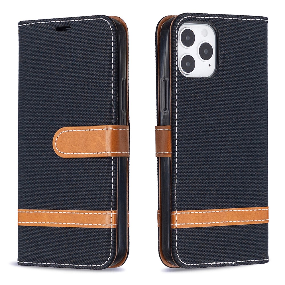 Color Splicing Jeans Cloth Texture Leather Shell for iPhone 12 Max/12 Pro 6.1 inch - Black-4