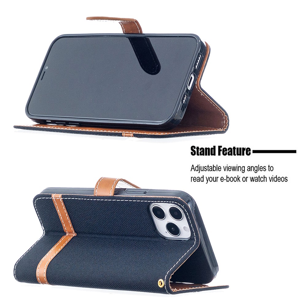 Color Splicing Jeans Cloth Texture Leather Shell for iPhone 12 Max/12 Pro 6.1 inch - Black-5