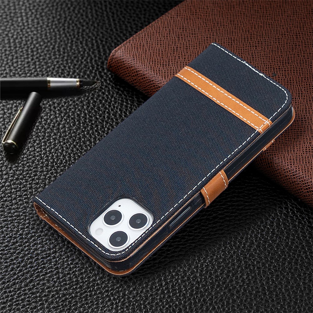 Color Splicing Jeans Cloth Texture Leather Shell for iPhone 12 Max/12 Pro 6.1 inch - Black-8