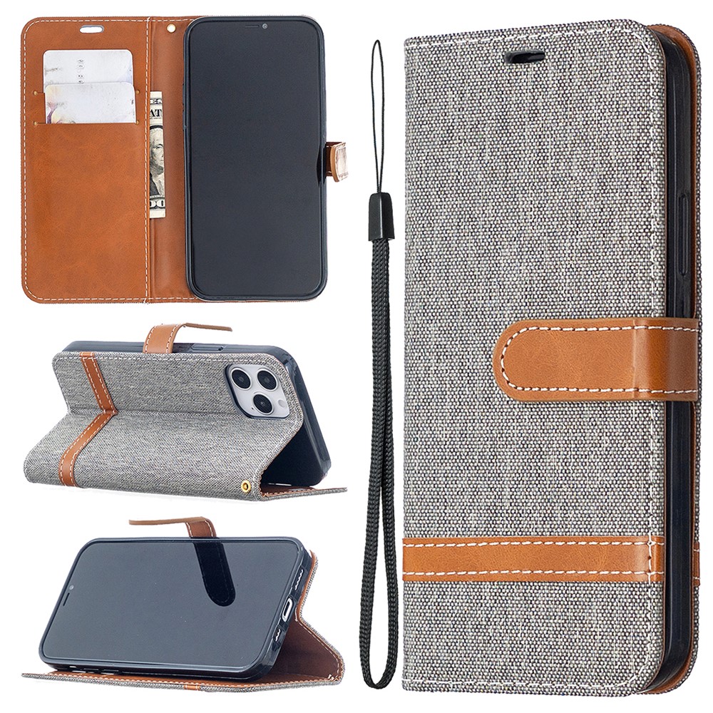 Color Splicing Jeans Cloth Texture Leather Shell for iPhone 12 Pro/12 - Grey-1
