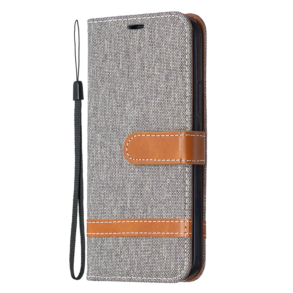 Color Splicing Jeans Cloth Texture Leather Shell for iPhone 12 Pro/12 - Grey-2