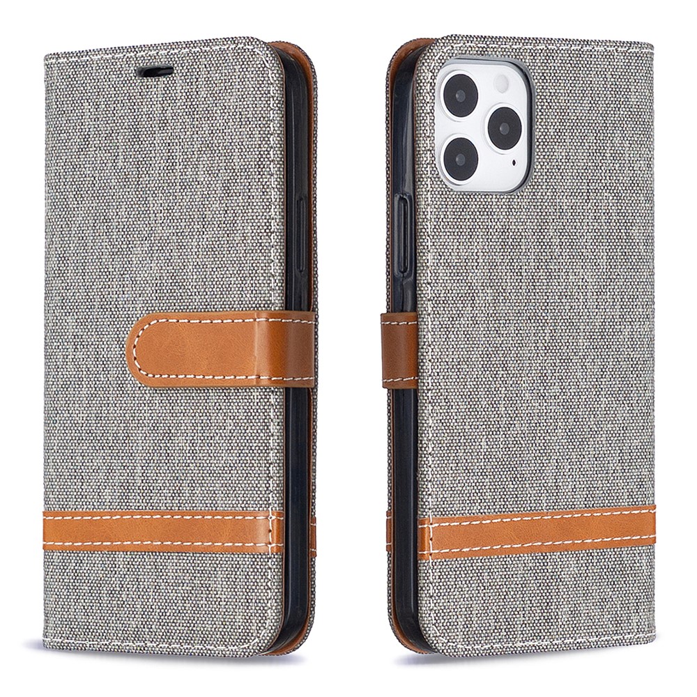 Color Splicing Jeans Cloth Texture Leather Shell for iPhone 12 Pro/12 - Grey-4