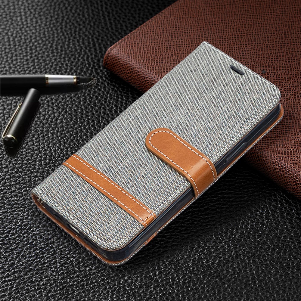 Color Splicing Jeans Cloth Texture Leather Shell for iPhone 12 Pro/12 - Grey-7