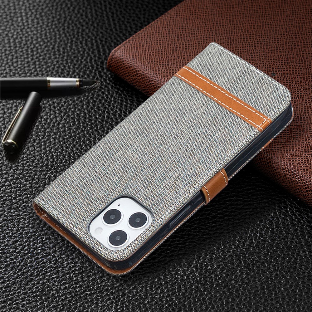 Color Splicing Jeans Cloth Texture Leather Shell for iPhone 12 Pro/12 - Grey-8