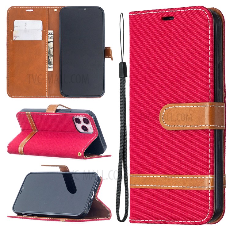 Color Splicing Jeans Cloth Texture Leather Shell for iPhone 12 Pro/12 - Red-1