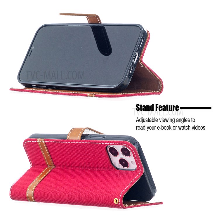 Color Splicing Jeans Cloth Texture Leather Shell for iPhone 12 Pro/12 - Red-2