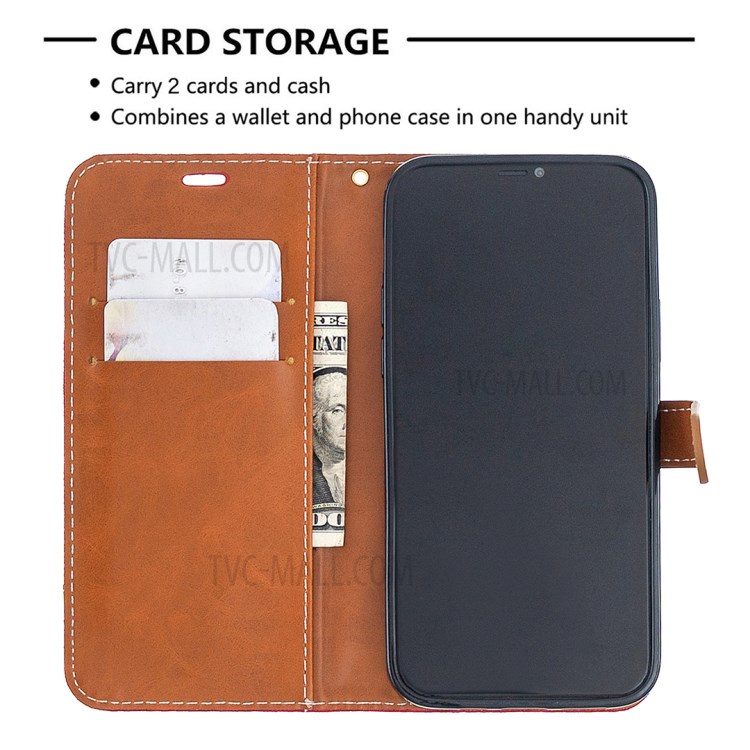 Color Splicing Jeans Cloth Texture Leather Shell for iPhone 12 Pro/12 - Red-3