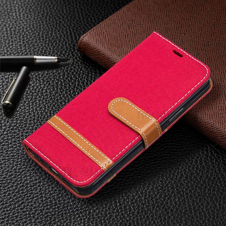 Color Splicing Jeans Cloth Texture Leather Shell for iPhone 12 Pro/12 - Red-4