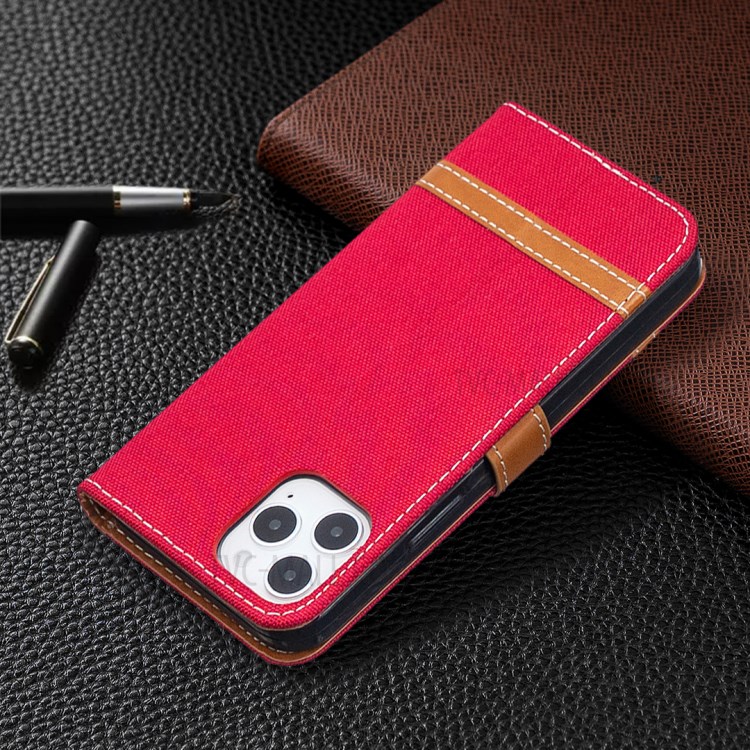 Color Splicing Jeans Cloth Texture Leather Shell for iPhone 12 Pro/12 - Red-5