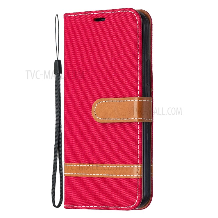 Color Splicing Jeans Cloth Texture Leather Shell for iPhone 12 Pro/12 - Red-6