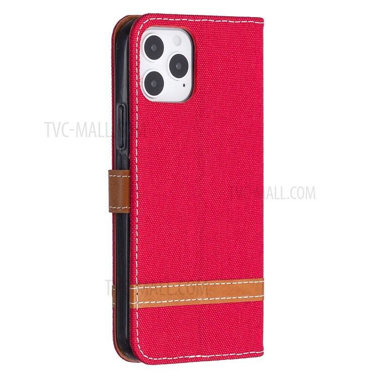 Color Splicing Jeans Cloth Texture Leather Shell for iPhone 12 Pro/12 - Red-7