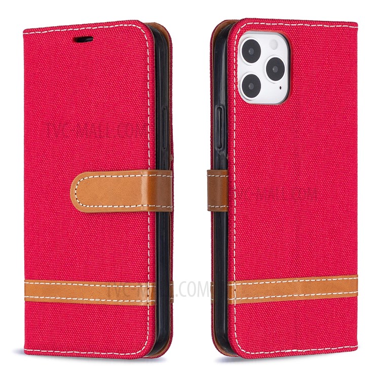 Color Splicing Jeans Cloth Texture Leather Shell for iPhone 12 Pro/12 - Red-8