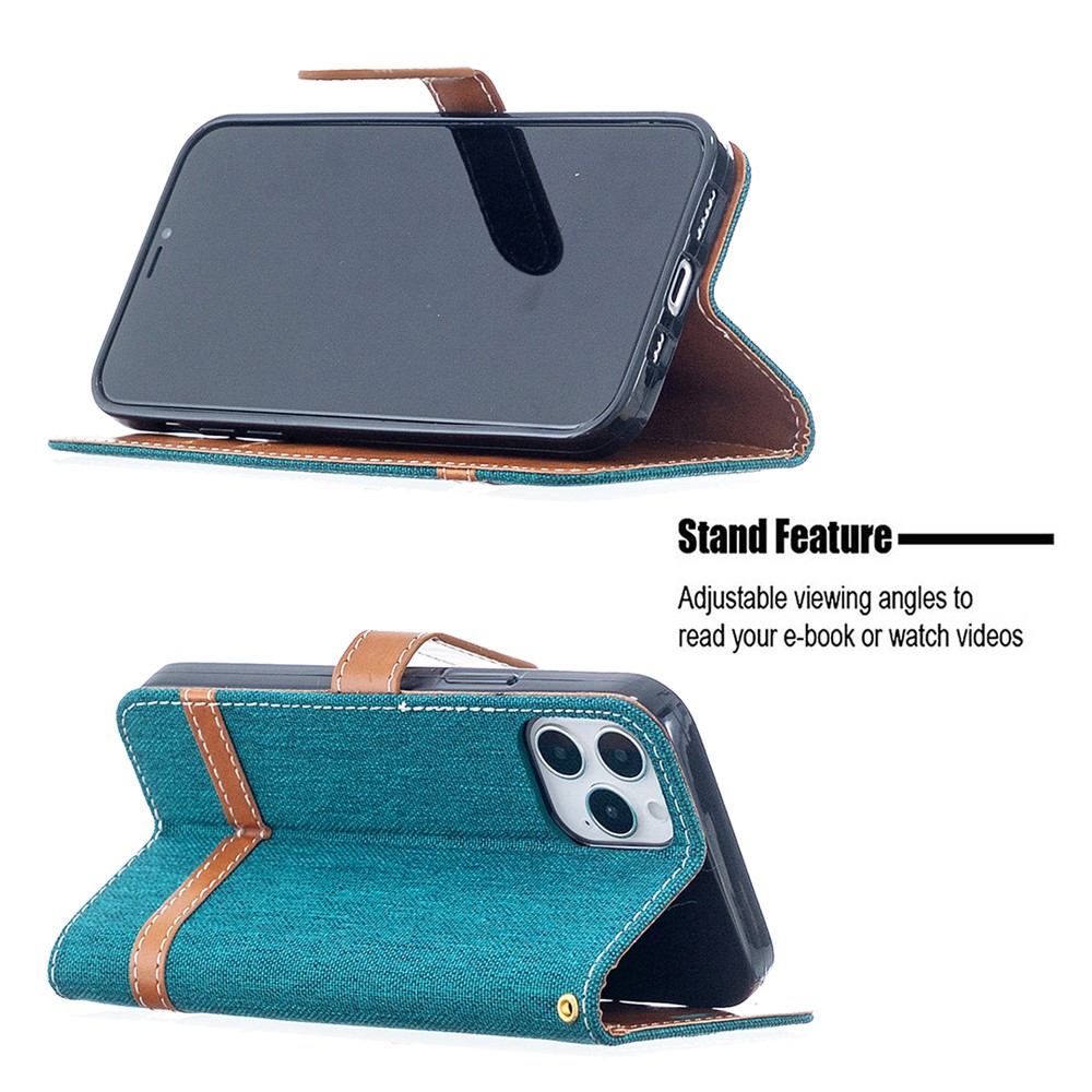 Color Splicing Jeans Cloth Texture Leather Shell for iPhone 12 Pro/12 - Green-2