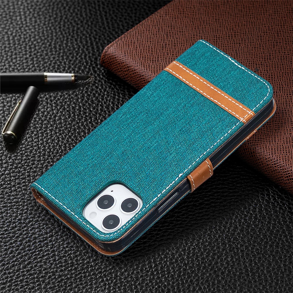 Color Splicing Jeans Cloth Texture Leather Shell for iPhone 12 Pro/12 - Green-5