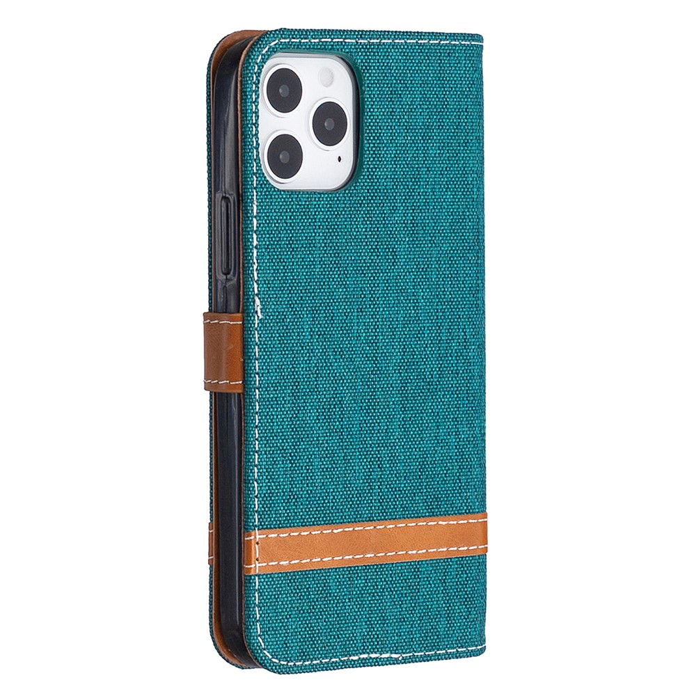 Color Splicing Jeans Cloth Texture Leather Shell for iPhone 12 Pro/12 - Green-7