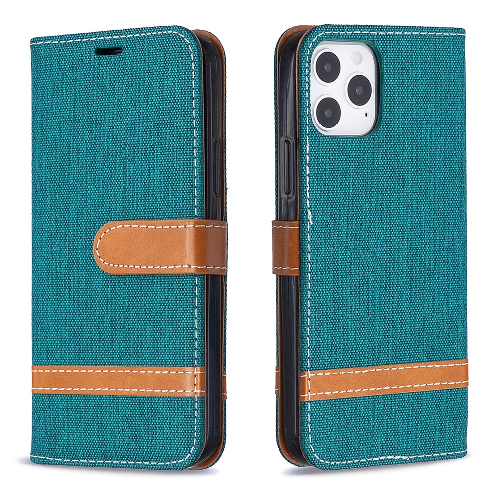 Color Splicing Jeans Cloth Texture Leather Shell for iPhone 12 Pro/12 - Green-8