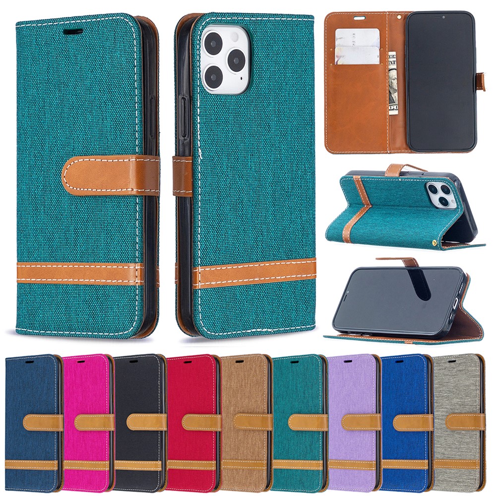 Color Splicing Jeans Cloth Texture Leather Shell for iPhone 12 Pro/12 - Green-9