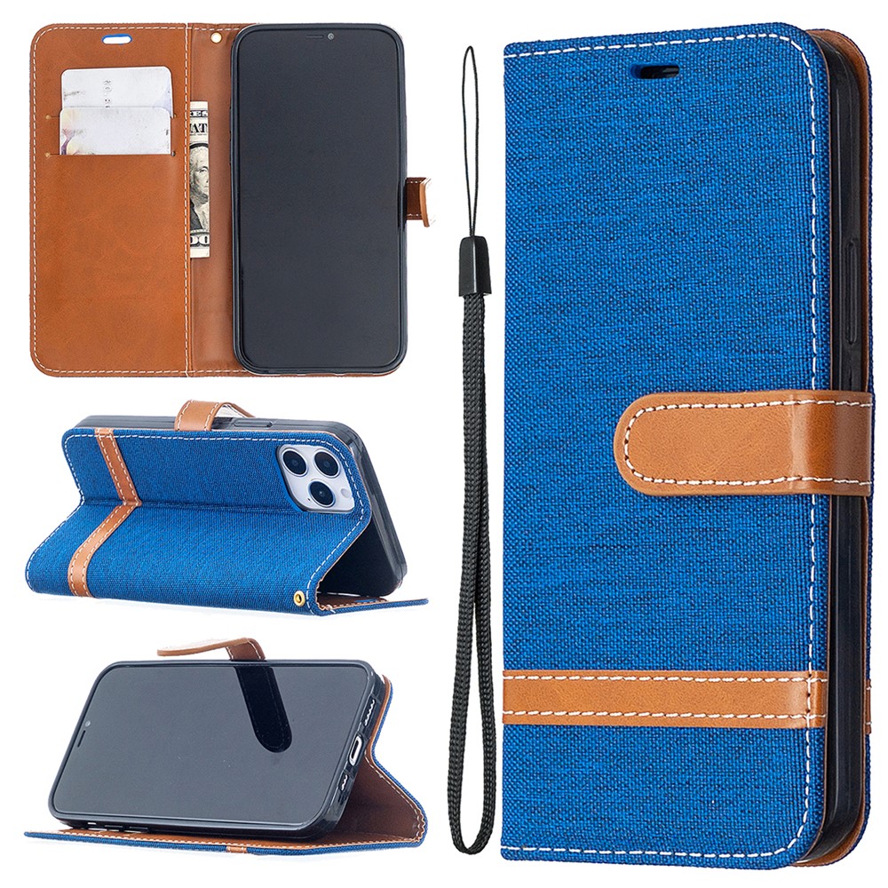 Color Splicing Jeans Cloth Texture Leather Shell for iPhone 12 Pro/12 - Baby Blue-1