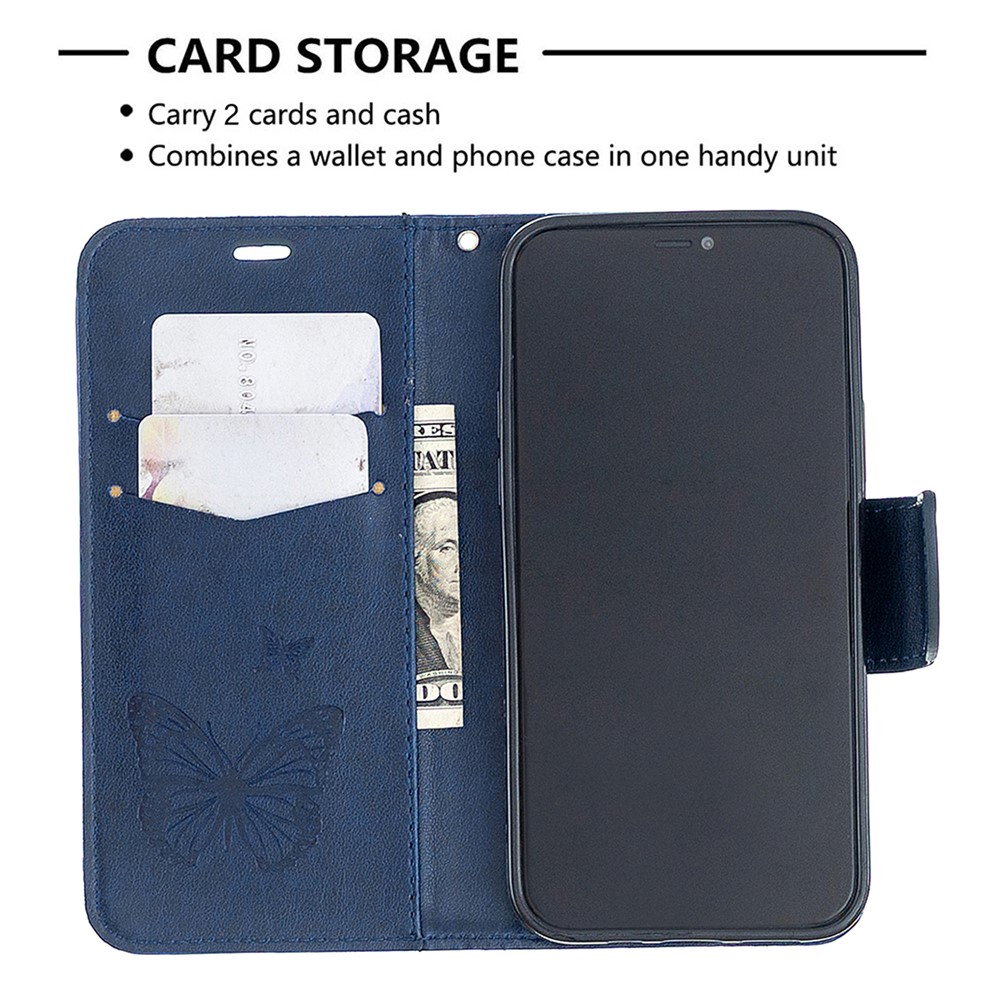 Imprint Butterfly with Wallet Leather Stand Case for iPhone 12 Pro/12 - Blue-3