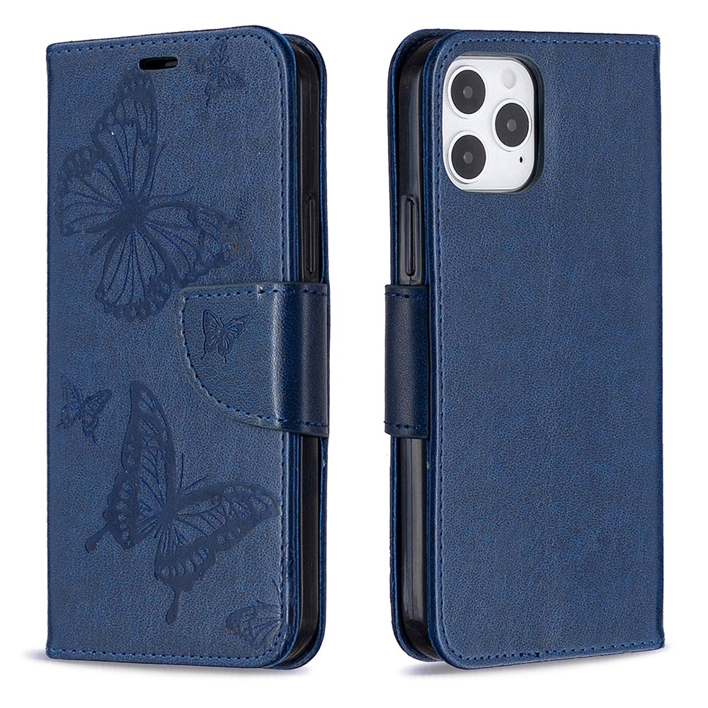 Imprint Butterfly with Wallet Leather Stand Case for iPhone 12 Pro/12 - Blue-8