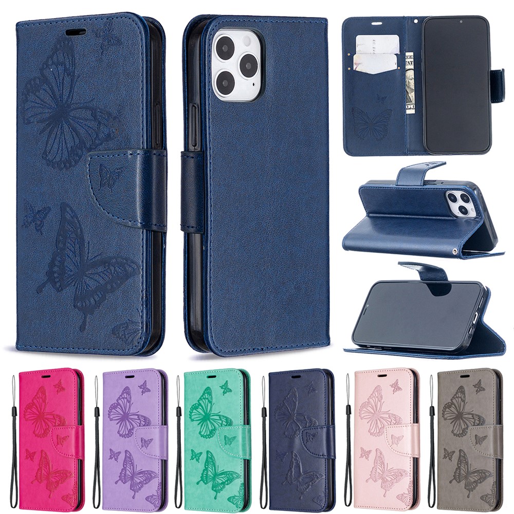 Imprint Butterfly with Wallet Leather Stand Case for iPhone 12 Pro/12 - Blue-9