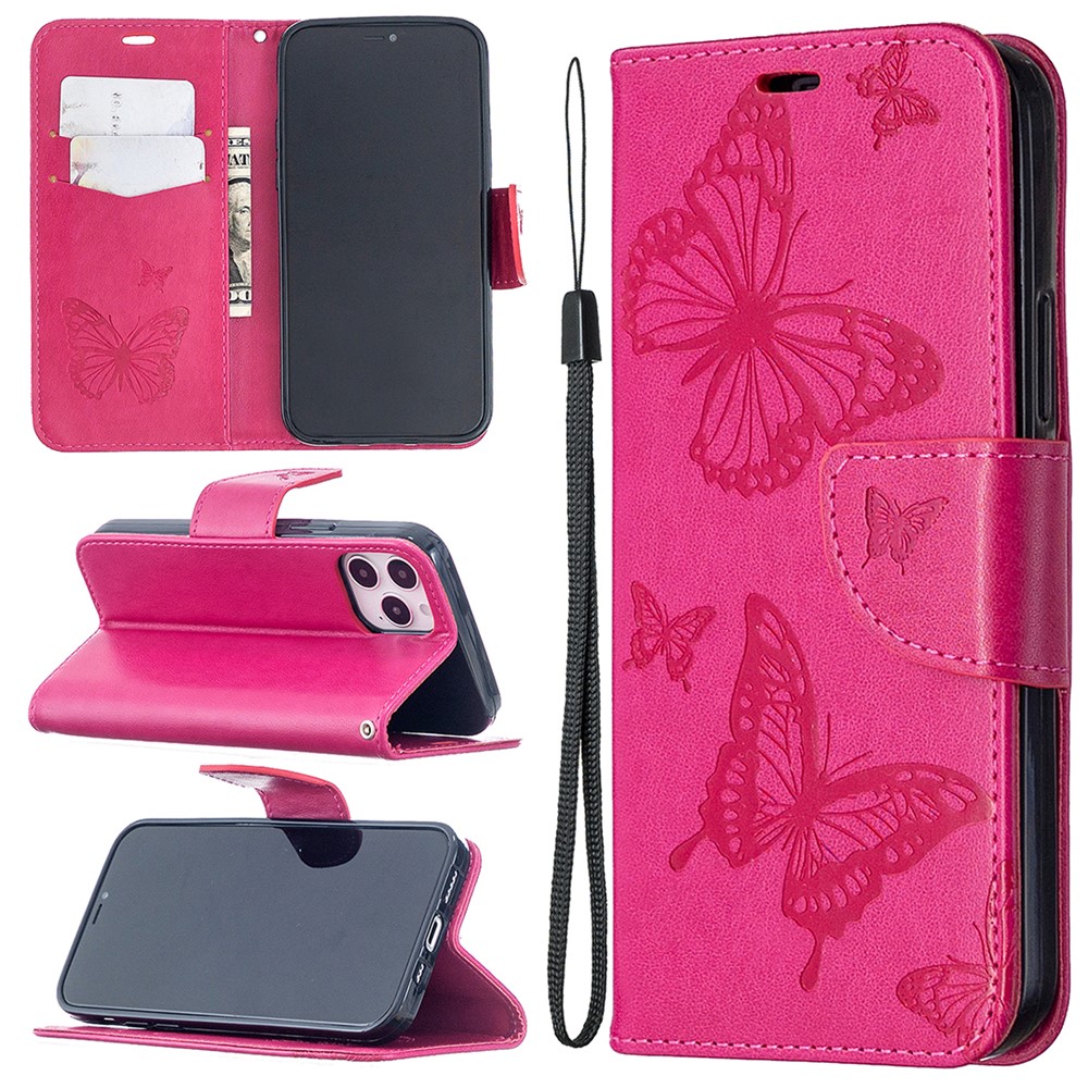 Imprint Butterfly with Wallet Leather Stand Case for iPhone 12 Pro/12 - Rose-1