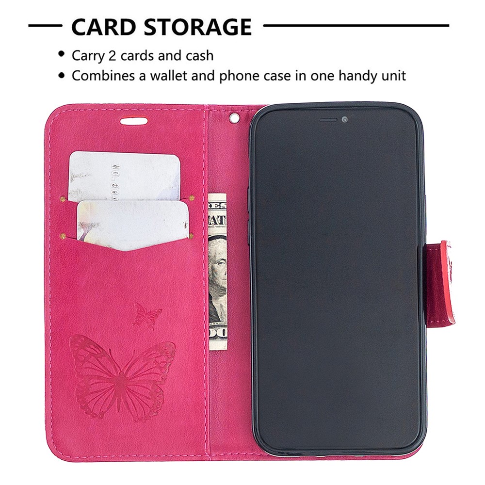 Imprint Butterfly with Wallet Leather Stand Case for iPhone 12 Pro/12 - Rose-3