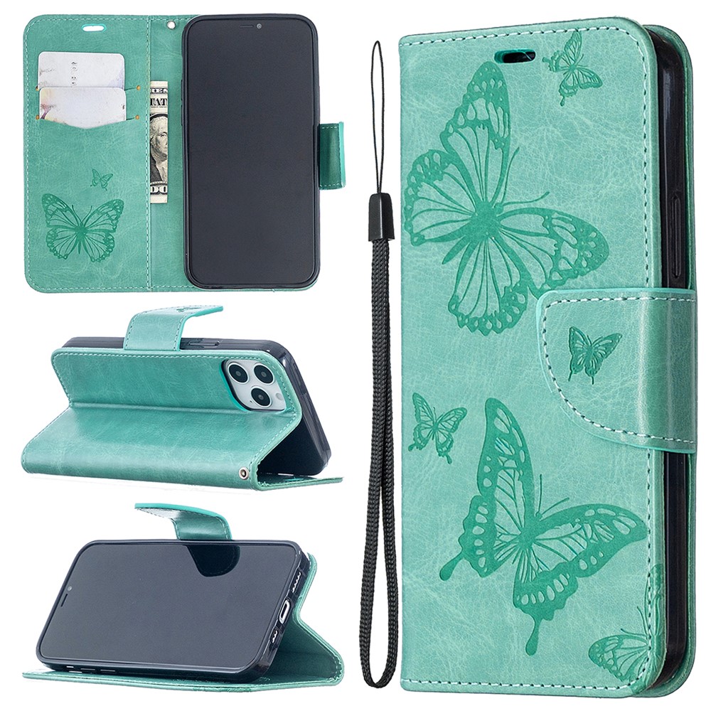 Imprint Butterfly with Wallet Leather Stand Case for iPhone 12 Pro/12 - Green-1
