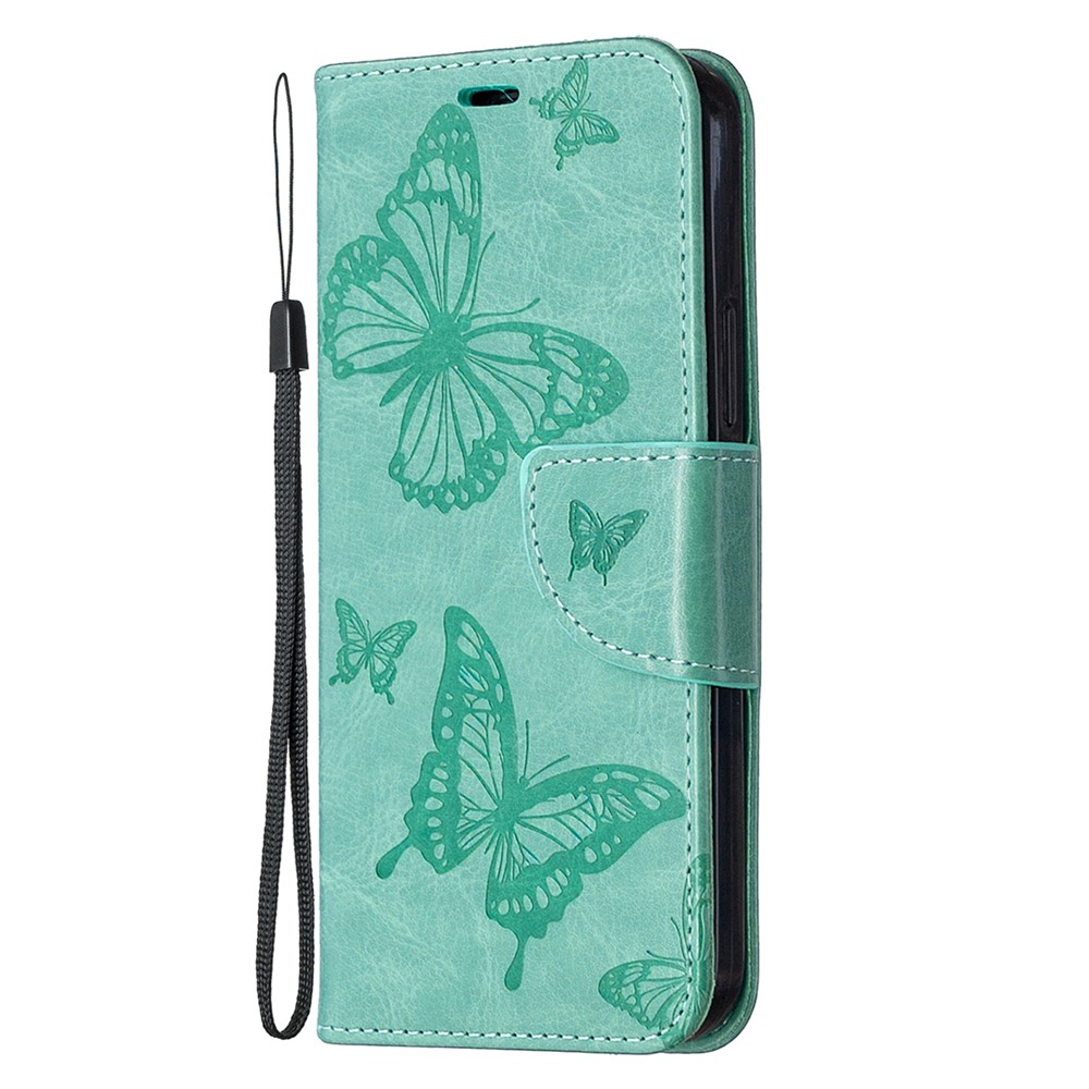 Imprint Butterfly with Wallet Leather Stand Case for iPhone 12 Pro/12 - Green-2
